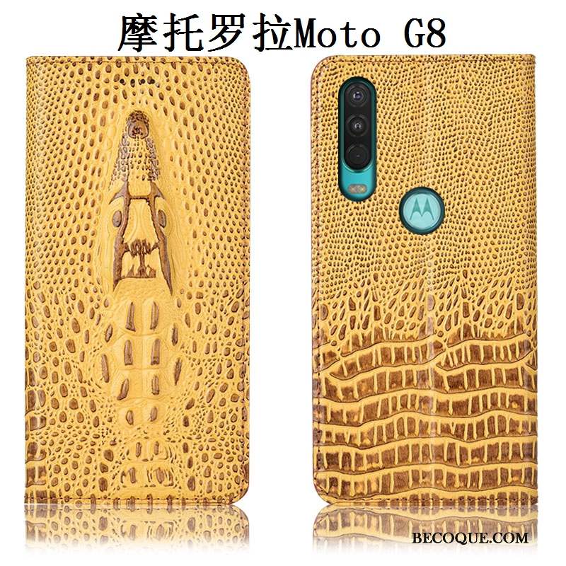 Moto G8 Cuir Véritable Protection Coque De Téléphone Jaune Tout Compris Étui