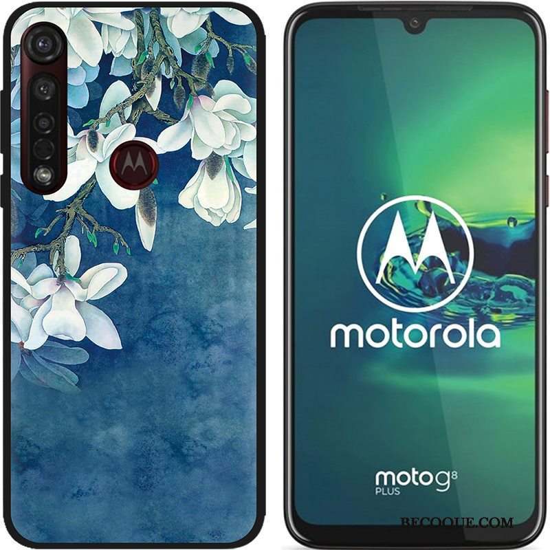 Moto G8 Plus Coque Chaud Dessin Animé Noir Peinture Tissu Pu