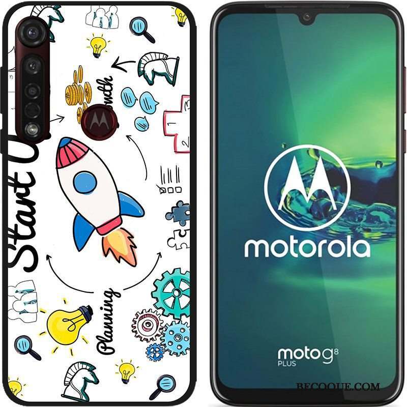 Moto G8 Plus Coque Chaud Dessin Animé Noir Peinture Tissu Pu