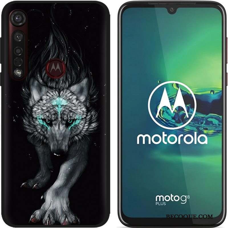 Moto G8 Plus Coque Chaud Dessin Animé Noir Peinture Tissu Pu