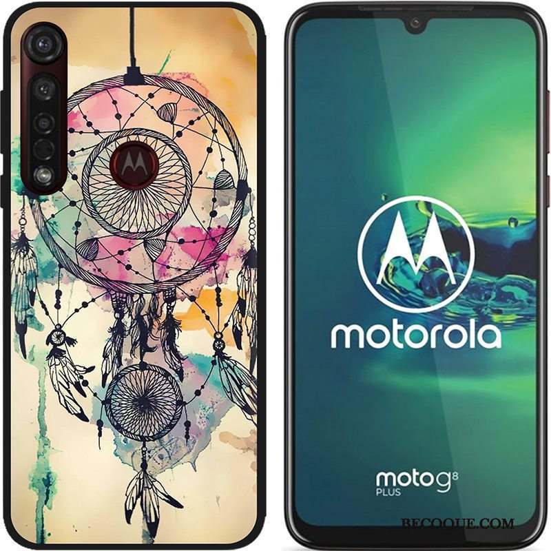 Moto G8 Plus Coque Chaud Dessin Animé Noir Peinture Tissu Pu