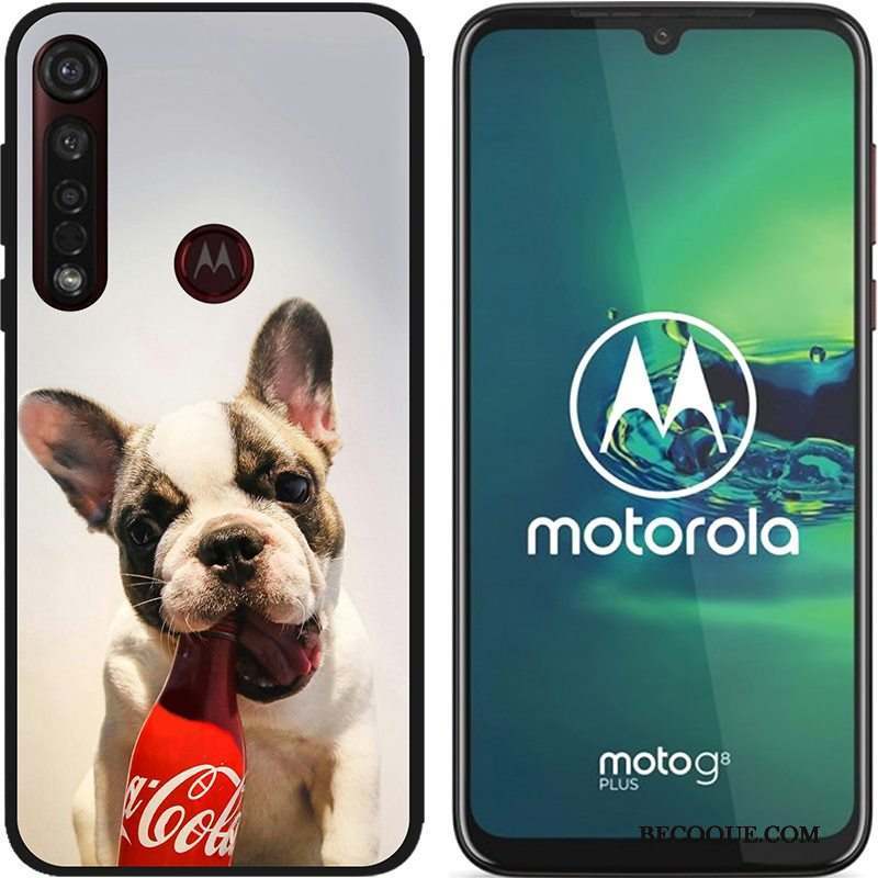 Moto G8 Plus Coque Chaud Dessin Animé Noir Peinture Tissu Pu