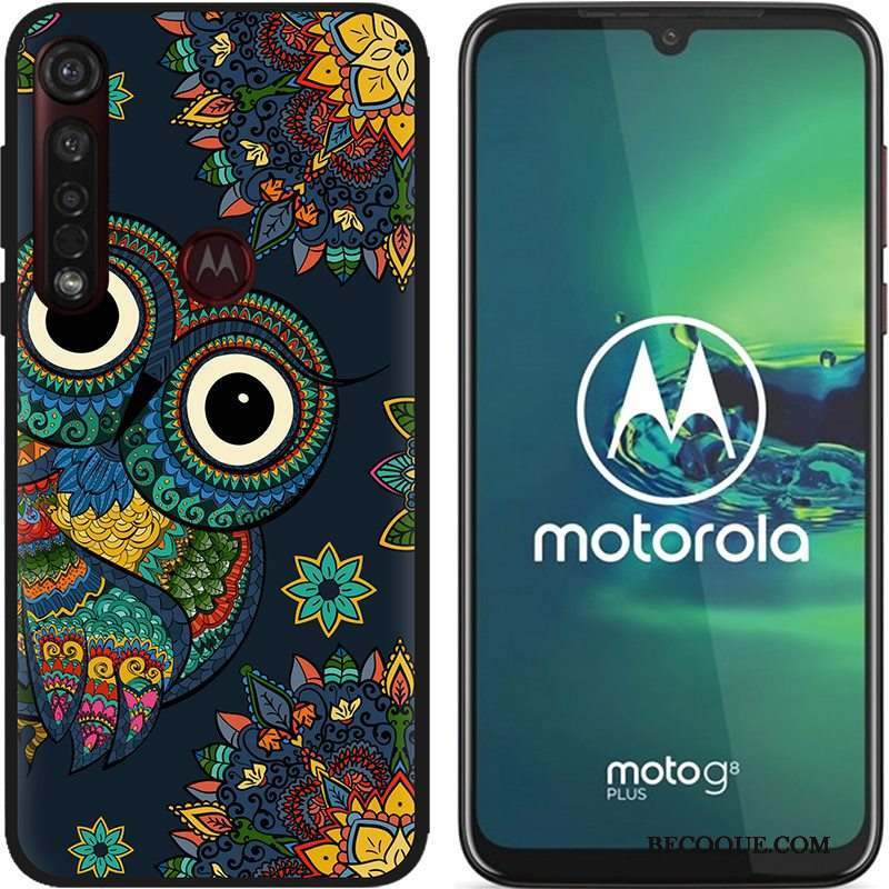 Moto G8 Plus Coque Chaud Dessin Animé Noir Peinture Tissu Pu