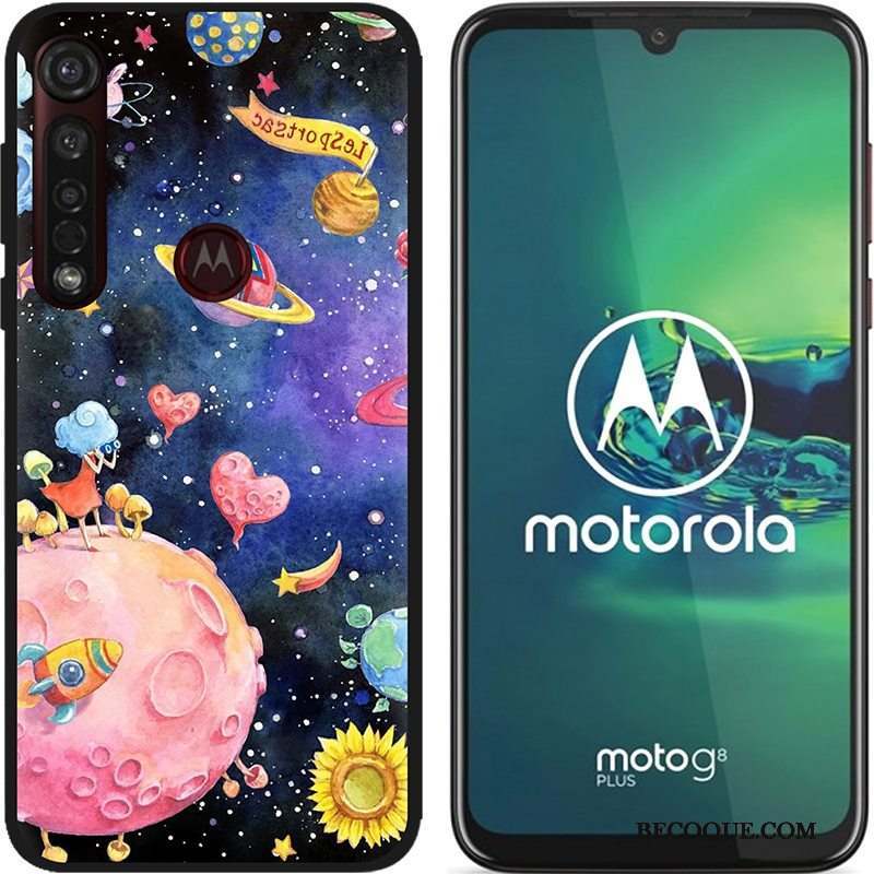 Moto G8 Plus Coque Chaud Dessin Animé Noir Peinture Tissu Pu