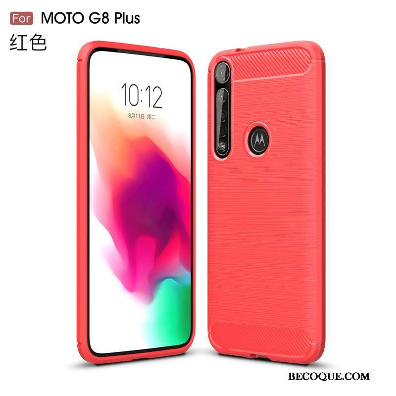 Moto G8 Plus Coque Fibre Rouge Soie Étui Protection Antidérapant