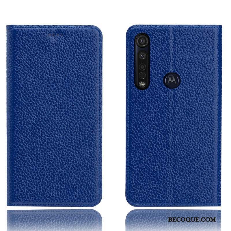 Moto G8 Plus Modèle Fleurie Bleu Cuir Véritable Coque De Téléphone Incassable Litchi