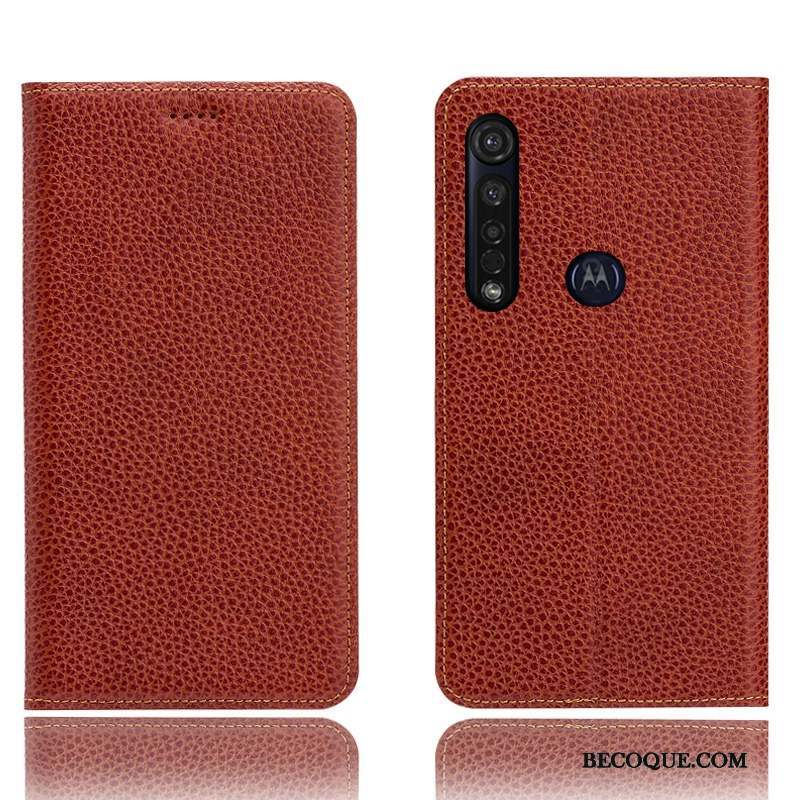 Moto G8 Plus Modèle Fleurie Bleu Cuir Véritable Coque De Téléphone Incassable Litchi