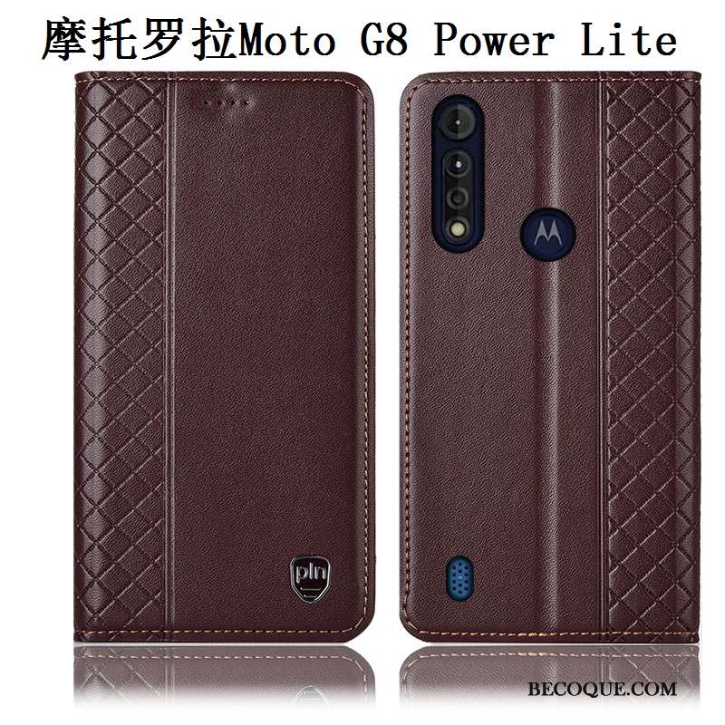 Moto G8 Power Lite Cuir Véritable Coque De Téléphone Marron Incassable Étui Protection