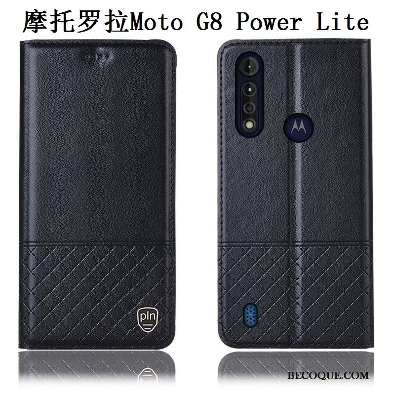 Moto G8 Power Lite Cuir Véritable Incassable Étui En Cuir Bleu Coque De Téléphone