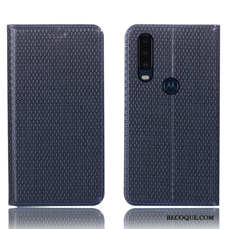 Motorola One Action Coque Cuir Véritable Étui Protection Incassable Bleu Modèle Fleurie