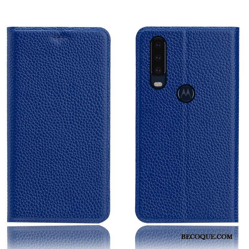 Motorola One Action Modèle Fleurie Coque De Téléphone Bleu Litchi Protection Housse