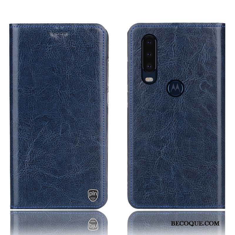 Motorola One Action Protection Coque De Téléphone Étui Cuir Véritable Bleu Housse