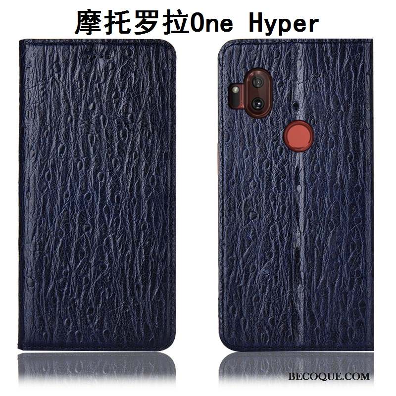 Motorola One Hyper Coque Protection Modèle Fleurie Bleu Marin Housse Incassable Cuir Véritable