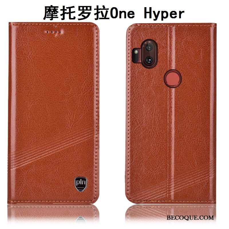 Motorola One Hyper Étui Coque De Téléphone Incassable Protection Cuir Véritable Marron