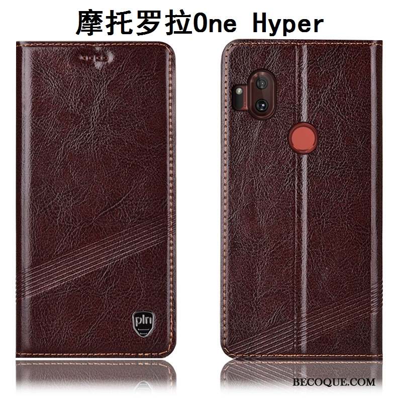 Motorola One Hyper Étui Coque De Téléphone Incassable Protection Cuir Véritable Marron