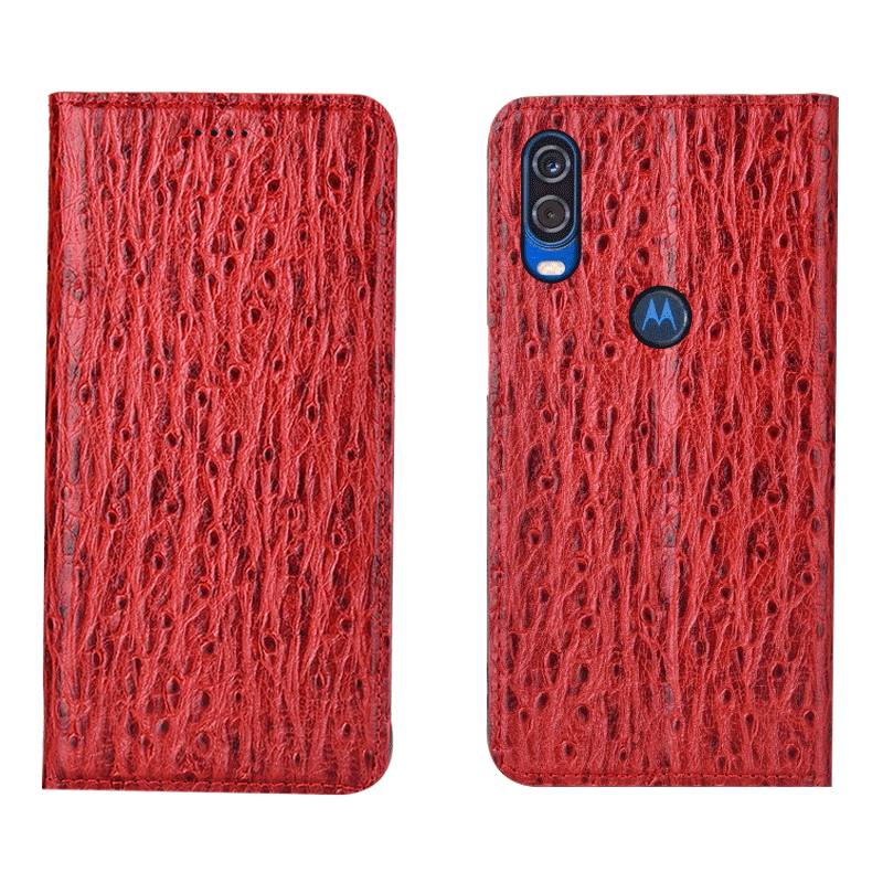 Motorola One Vision Coque Rouge Incassable Modèle Fleurie Cuir Véritable Étui Protection