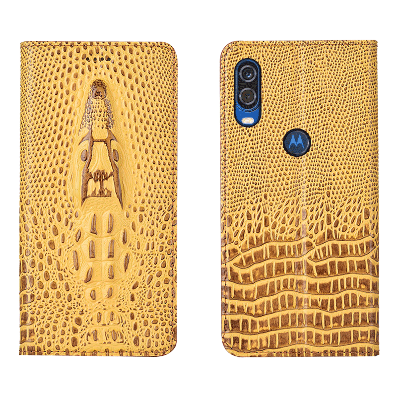 Motorola One Vision Jaune Crocodile Protection Étui Cuir Véritable Coque De Téléphone