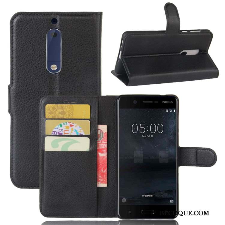 Nokia 5 Coque Étui En Cuir Violet Support Litchi Protection Modèle Fleurie