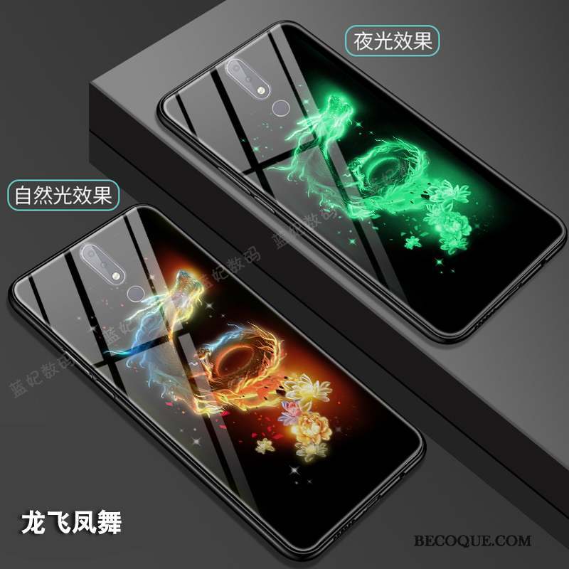 Nokia 7.1 Dragon Verre Style Chinois Coque De Téléphone Totem Noir