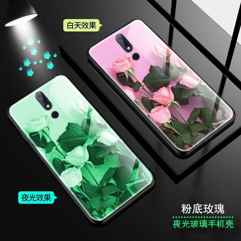 Nokia 7.1 Fleur Verre Coque De Téléphone Vert Rose Lumineuses