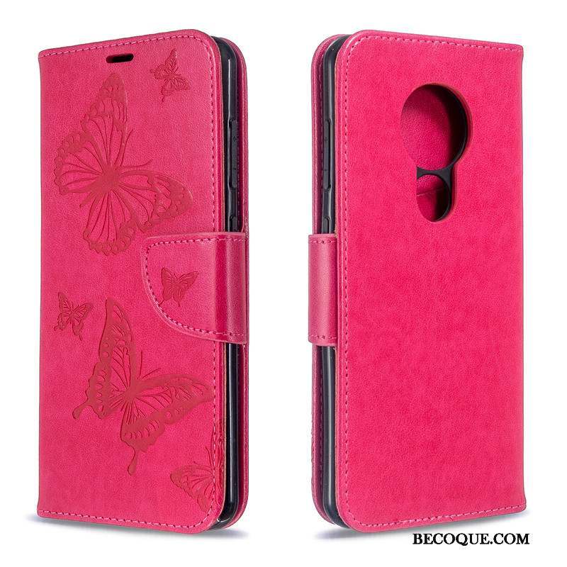 Nokia 7.2 Coque Papillon Gaufrage Housse Étui Similicuir Rouge