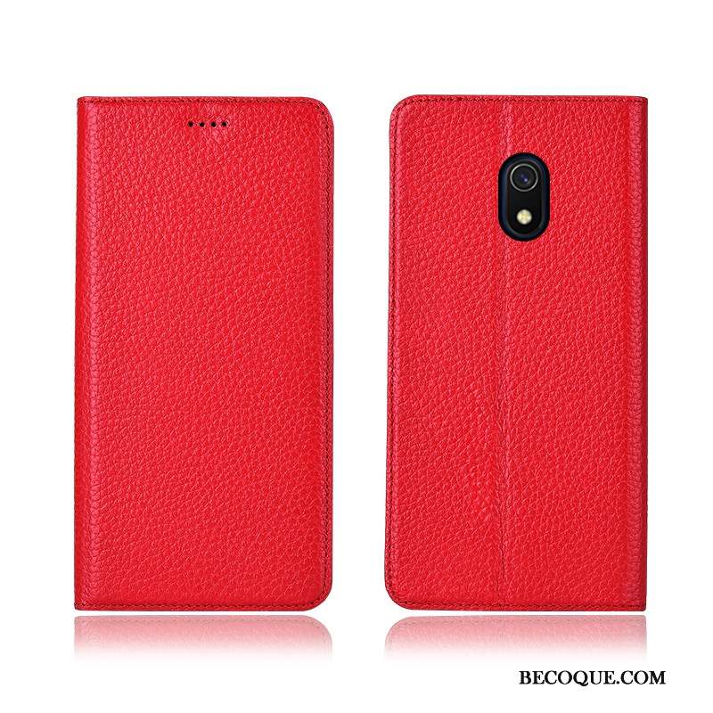 Redmi 8a Coque Noir Cuir Véritable Protection Étui En Cuir Téléphone Portable Litchi