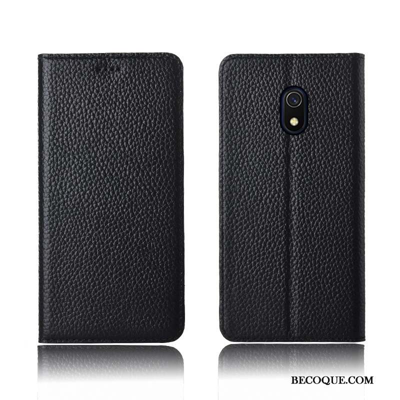 Redmi 8a Coque Noir Cuir Véritable Protection Étui En Cuir Téléphone Portable Litchi