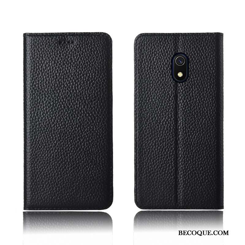 Redmi 8a Coque Noir Cuir Véritable Protection Étui En Cuir Téléphone Portable Litchi