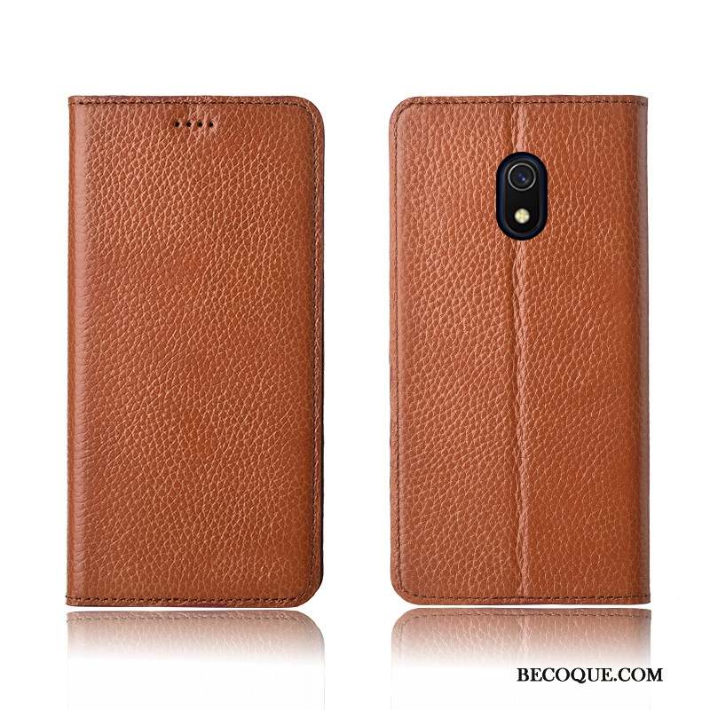 Redmi 8a Coque Noir Cuir Véritable Protection Étui En Cuir Téléphone Portable Litchi