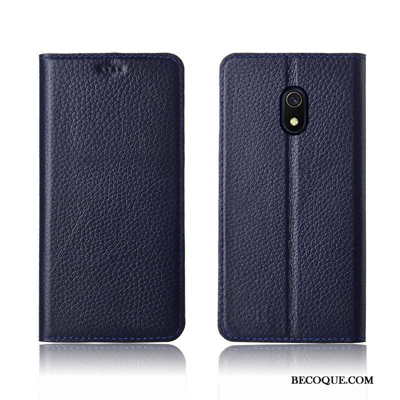 Redmi 8a Coque Noir Cuir Véritable Protection Étui En Cuir Téléphone Portable Litchi