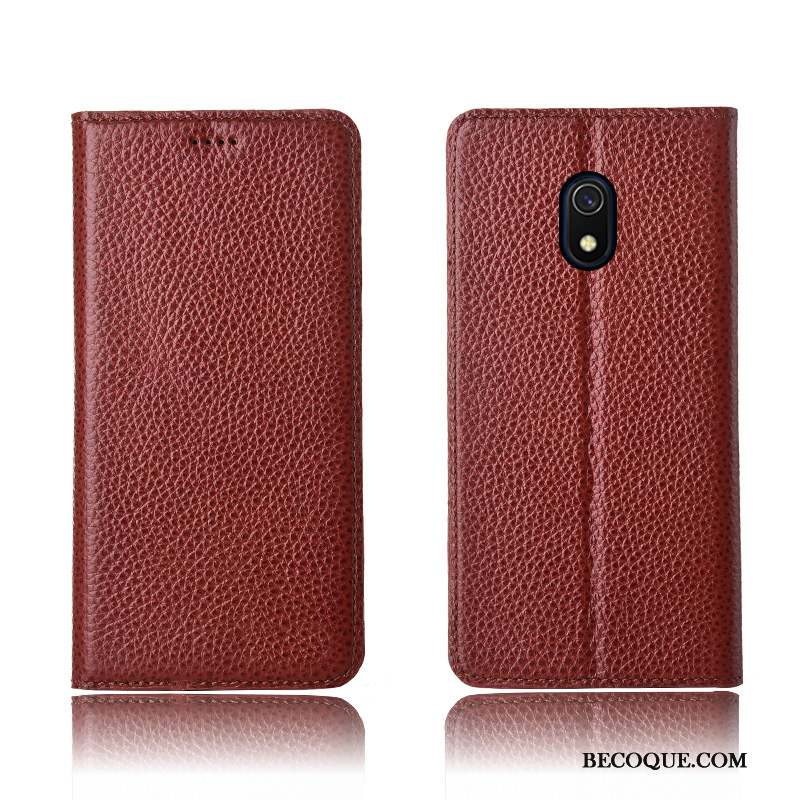 Redmi 8a Coque Noir Cuir Véritable Protection Étui En Cuir Téléphone Portable Litchi