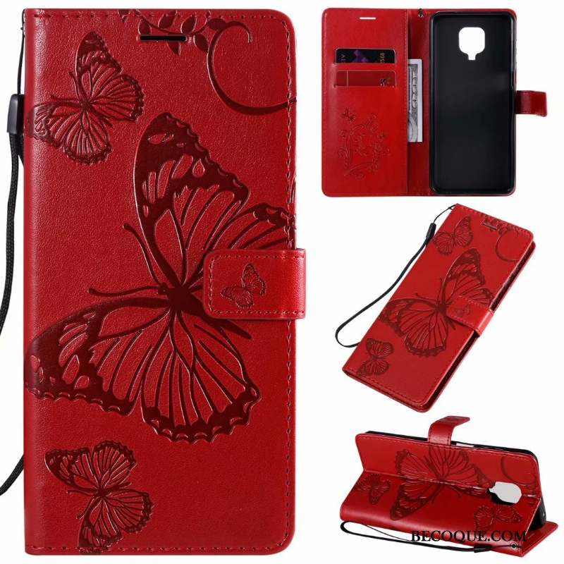 Redmi Note 9 Pro Coque Tout Compris Papillon Étui En Cuir Clamshell Grand Rouge