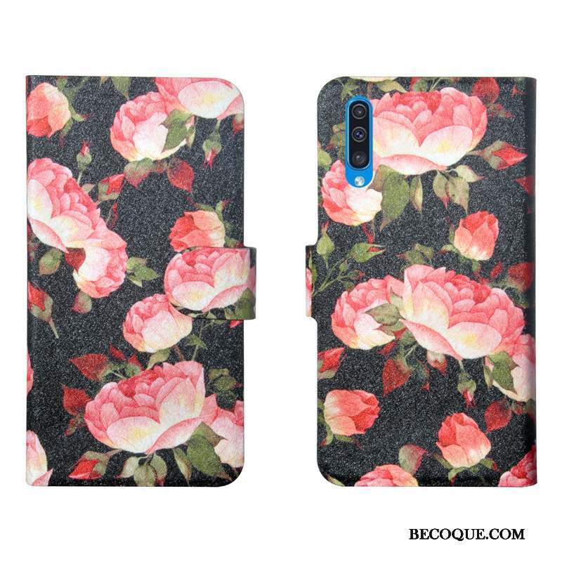 Samsung Galaxy A50s Coque Étui En Cuir Net Rouge Simple Vintage Fleurs Créatif