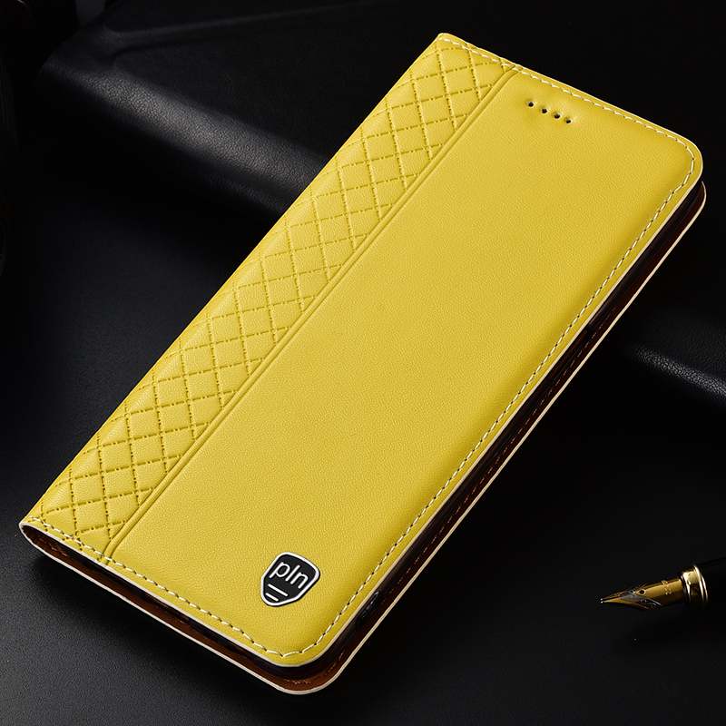 Samsung Galaxy A70 Coque Housse Cuir Haut Luxe Cuir Véritable Étui Jaune