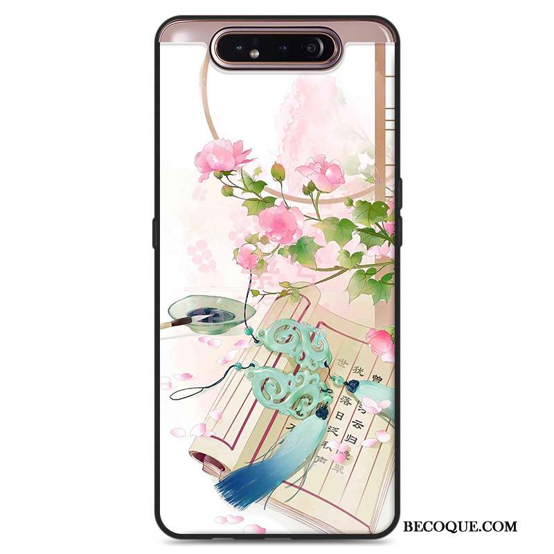 Samsung Galaxy A80 Coque Vent Étui Nouveau Gris Style Chinois Fleurs