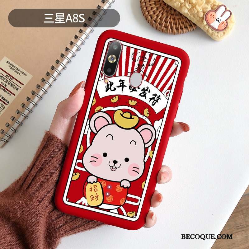 Samsung Galaxy A8s Coque Délavé En Daim Dessin Animé Rouge Fluide Doux Tendance Mode