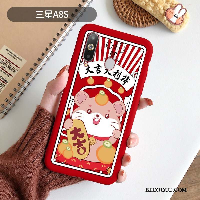 Samsung Galaxy A8s Coque Délavé En Daim Dessin Animé Rouge Fluide Doux Tendance Mode