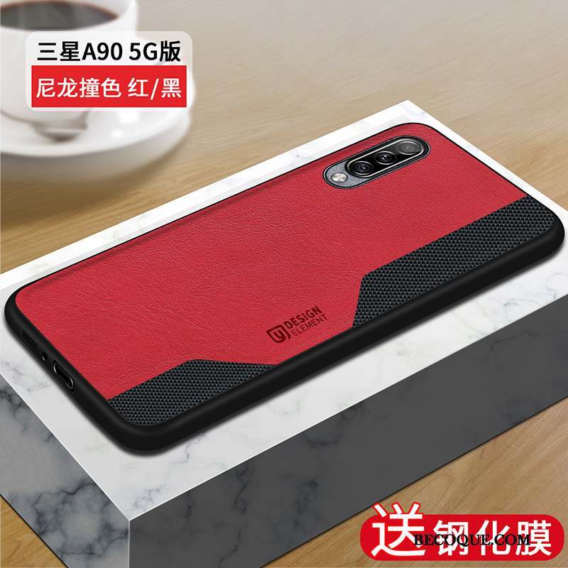 Samsung Galaxy A90 5g Coque Nylon Cuir Étui Protection Rouge Incassable