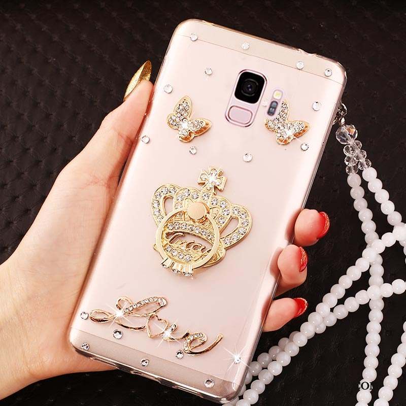 Samsung Galaxy J6 Or Rose Transparent Net Rouge Strass Étui Coque De Téléphone