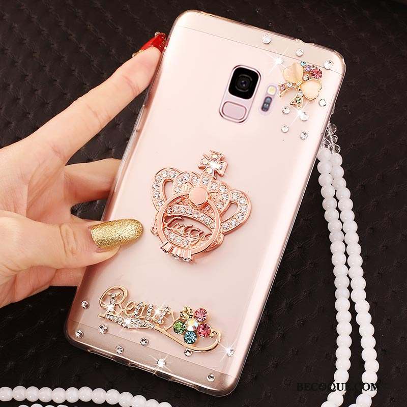 Samsung Galaxy J6 Or Rose Transparent Net Rouge Strass Étui Coque De Téléphone