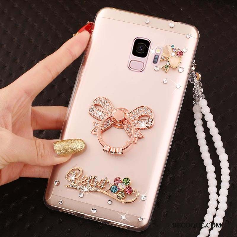 Samsung Galaxy J6 Or Rose Transparent Net Rouge Strass Étui Coque De Téléphone