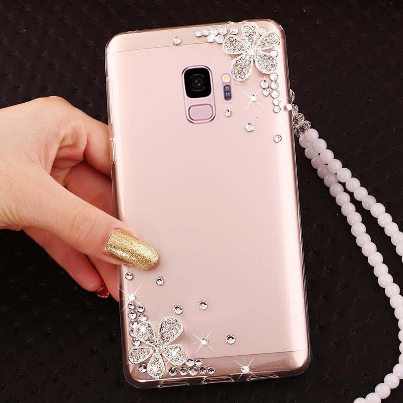 Samsung Galaxy J6 Or Rose Transparent Net Rouge Strass Étui Coque De Téléphone