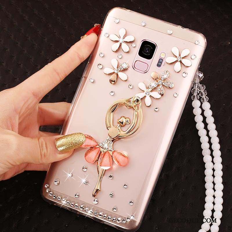 Samsung Galaxy J6 Or Rose Transparent Net Rouge Strass Étui Coque De Téléphone