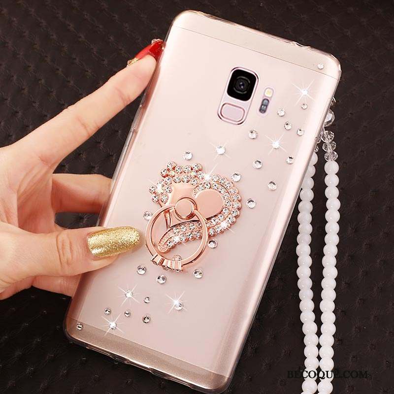 Samsung Galaxy J6 Or Rose Transparent Net Rouge Strass Étui Coque De Téléphone