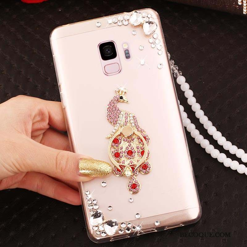 Samsung Galaxy J6 Or Rose Transparent Net Rouge Strass Étui Coque De Téléphone