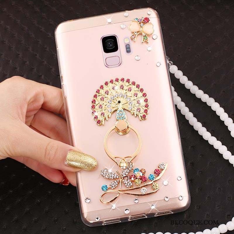 Samsung Galaxy J6 Or Rose Transparent Net Rouge Strass Étui Coque De Téléphone