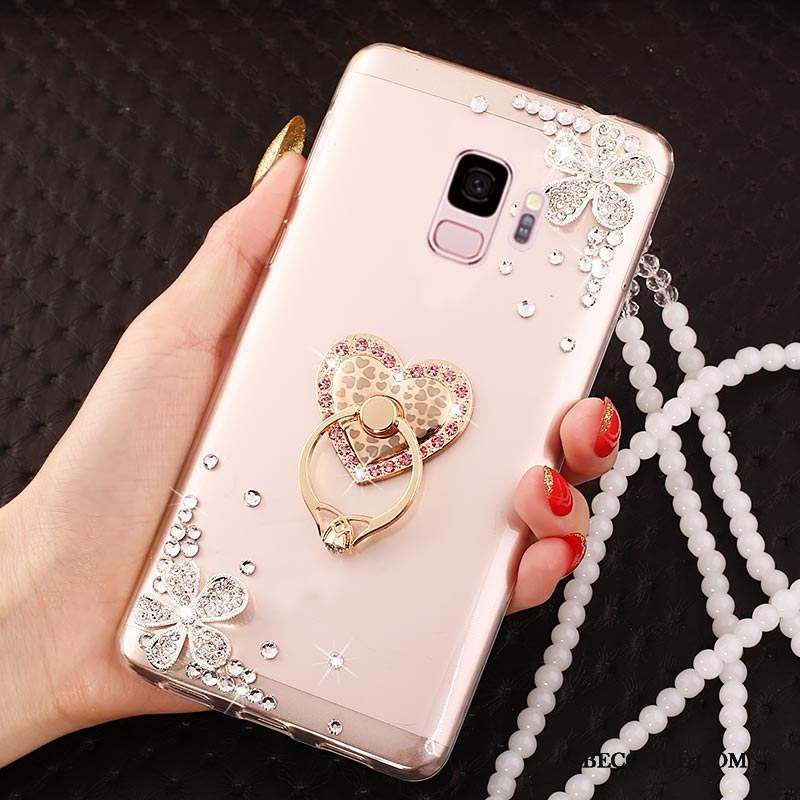 Samsung Galaxy J6 Or Rose Transparent Net Rouge Strass Étui Coque De Téléphone