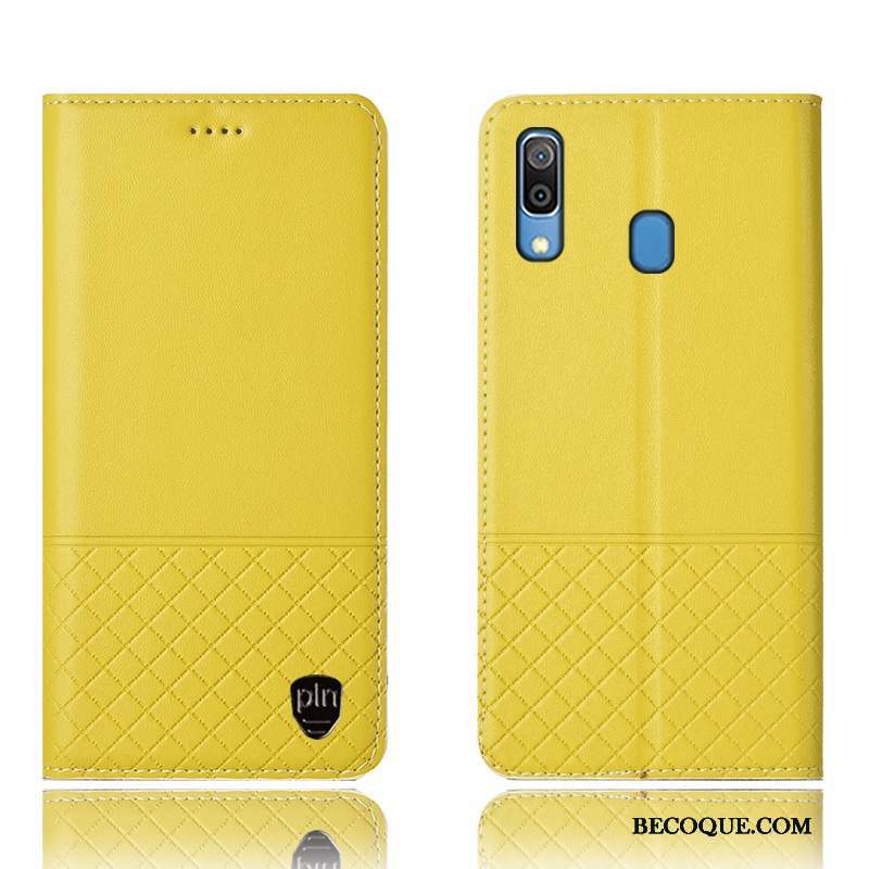 Samsung Galaxy M20 Étui En Cuir Plaid Incassable Jaune Housse Coque De Téléphone