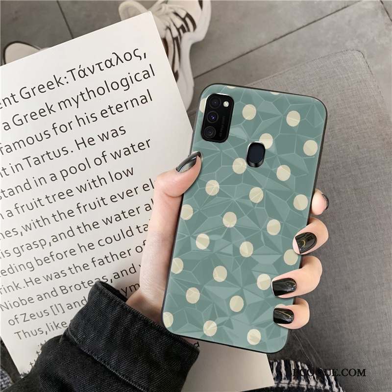 Samsung Galaxy M30s Losange Étui Vert Coque De Téléphone Modèle Fleurie Ornements Suspendus