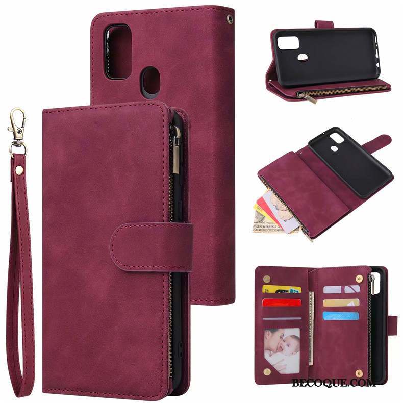 Samsung Galaxy M30s Étui Clamshell Vin Rouge Coque De Téléphone Portefeuille Étui En Cuir